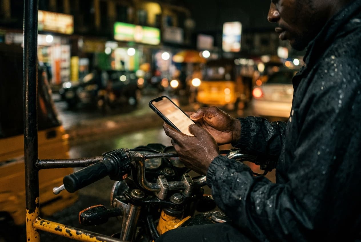 A rider checking his phone on the handlebar of his keke at night