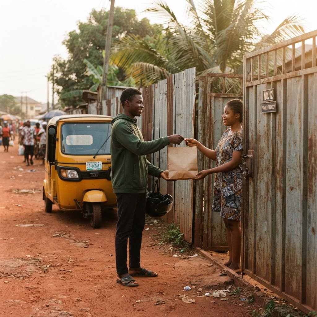 A rider handing a delivery bag to a customer at her gate, his keke behind him