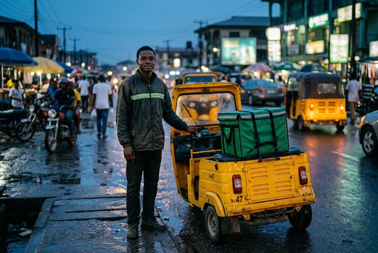 A Lupply Ride rider beside his keke on a Warri street at dusk, a green delivery box on the back